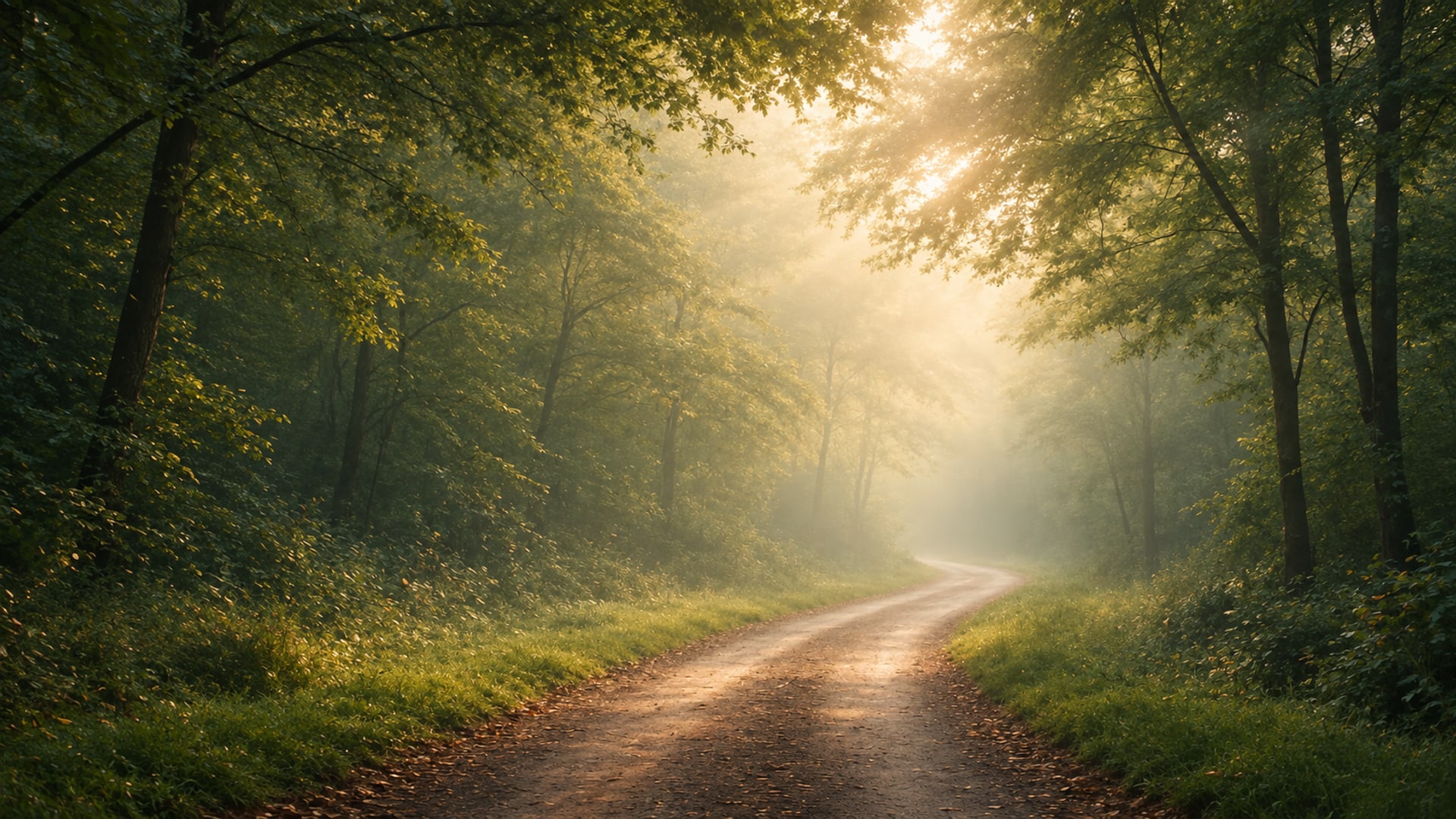 Sonnenlicht fällt auf einen stillen Waldweg